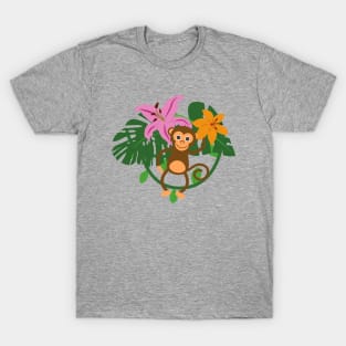 Fun & Cute Monkey Jungle Design With Tropical Flowers & Leaves T-Shirt